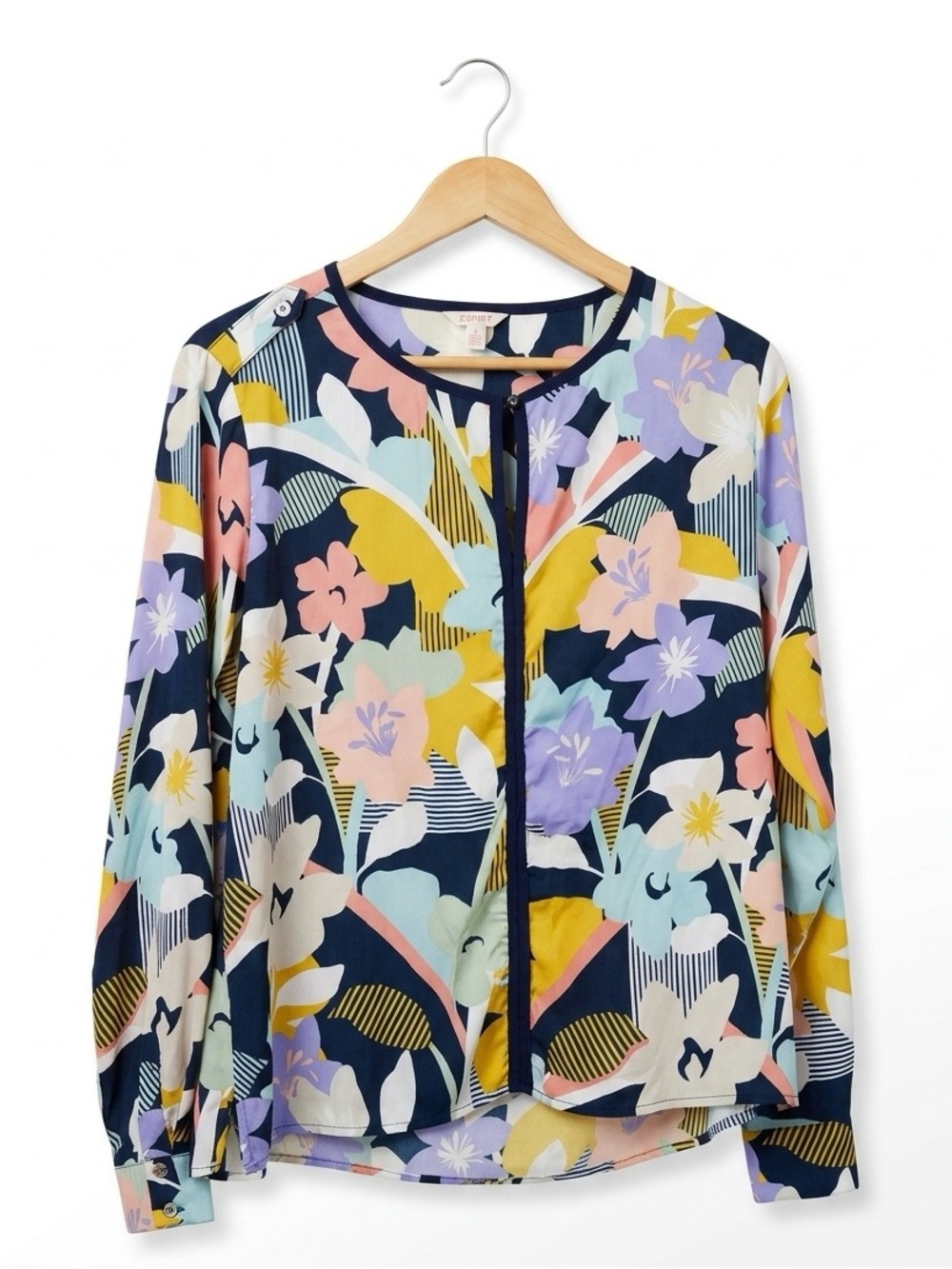 Esprit Floral Blouse Navy Blue Multicolored Long Sleeve Top Womens XL